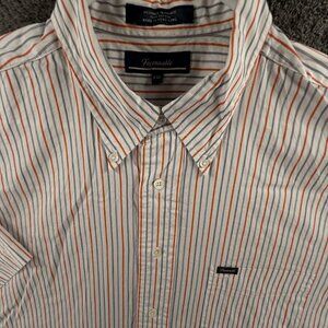 Faconnable Short Sleeve Button Up Shirt Cotton Striped Orange Gray 2XL Men Adult
